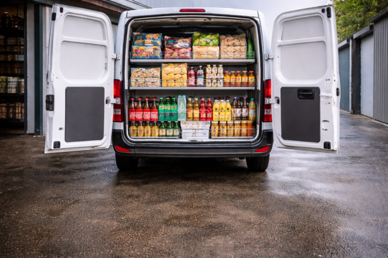 gefülltes lieferfahrzeug vor lagerhaus