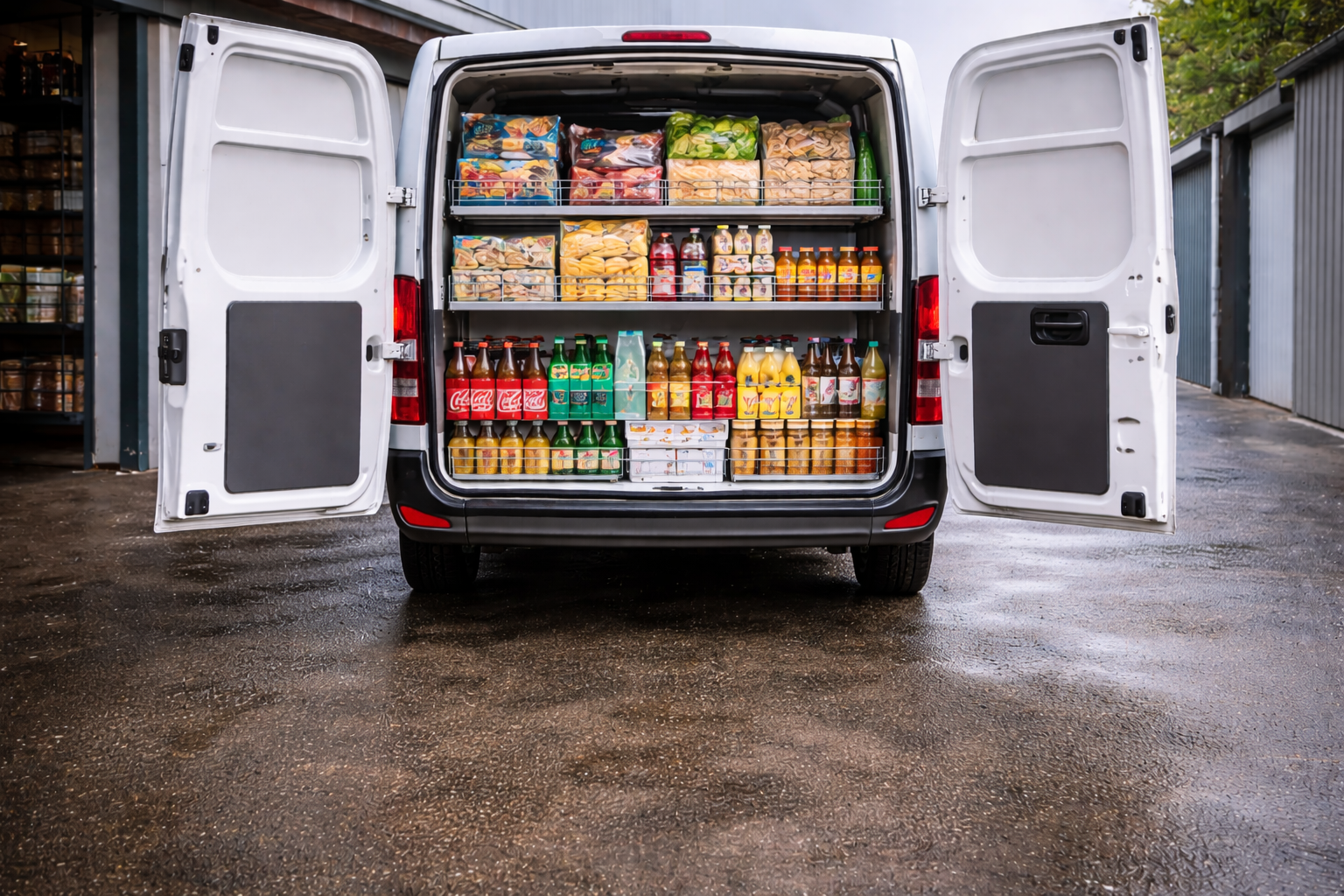 gefülltes lieferfahrzeug vor lagerhaus